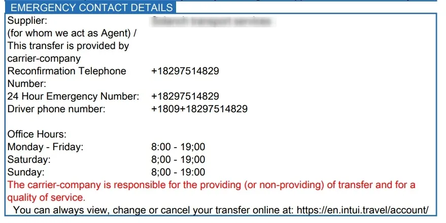 Contacts of the transport company in the voucher