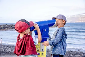 Two boys laughing while looking through a tourist telescope by the sea.