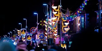 Leicester's Golden Mile decorated with Diwali lights, the UK's largest Diwali celebration.