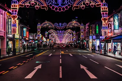 Illuminated street decorated for Diwali in Singapore's Little India.