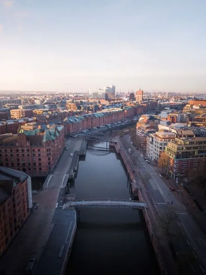 Aerial view of Speicherstadt at sunset, Hamburg