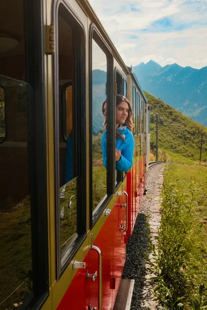 Traveler enjoying unusual transport by a train window in the Swiss Alps.