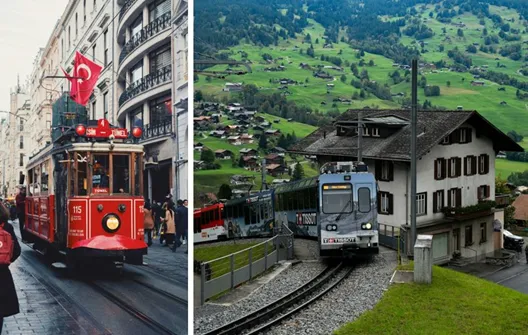 Unusual transport of the world: historic tram by Istanbul's Tunel funicular and an alpine train in Switzerland.
